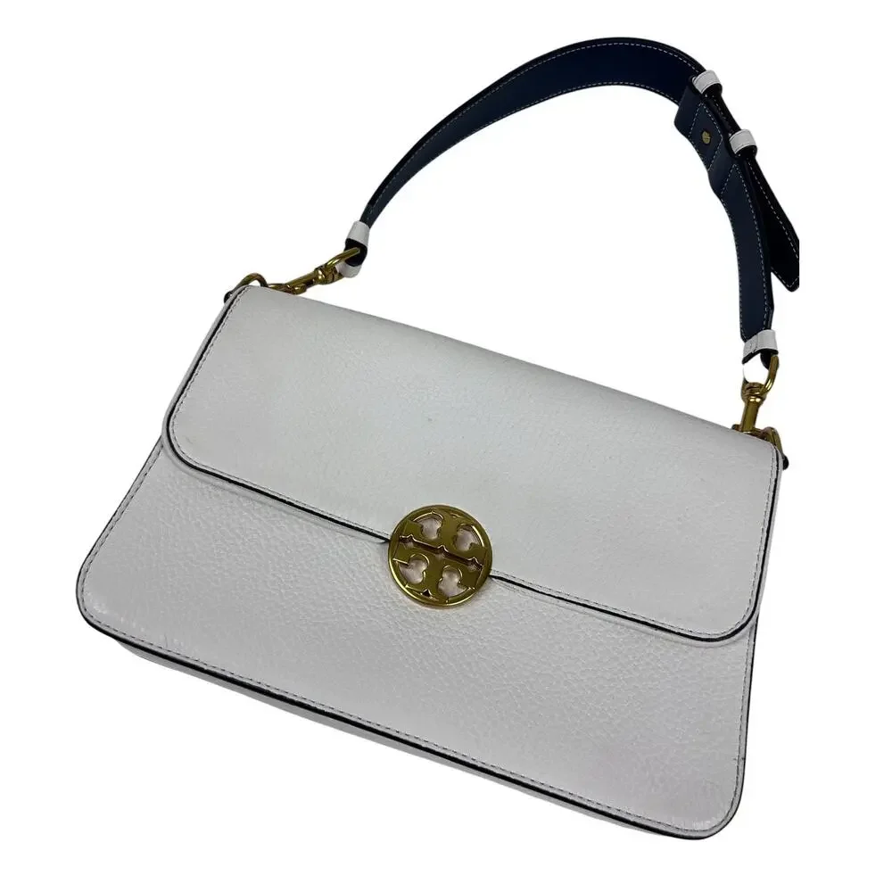 Tory Burch White Pebbled Leather Top Handle Convertible Shoulder Bag